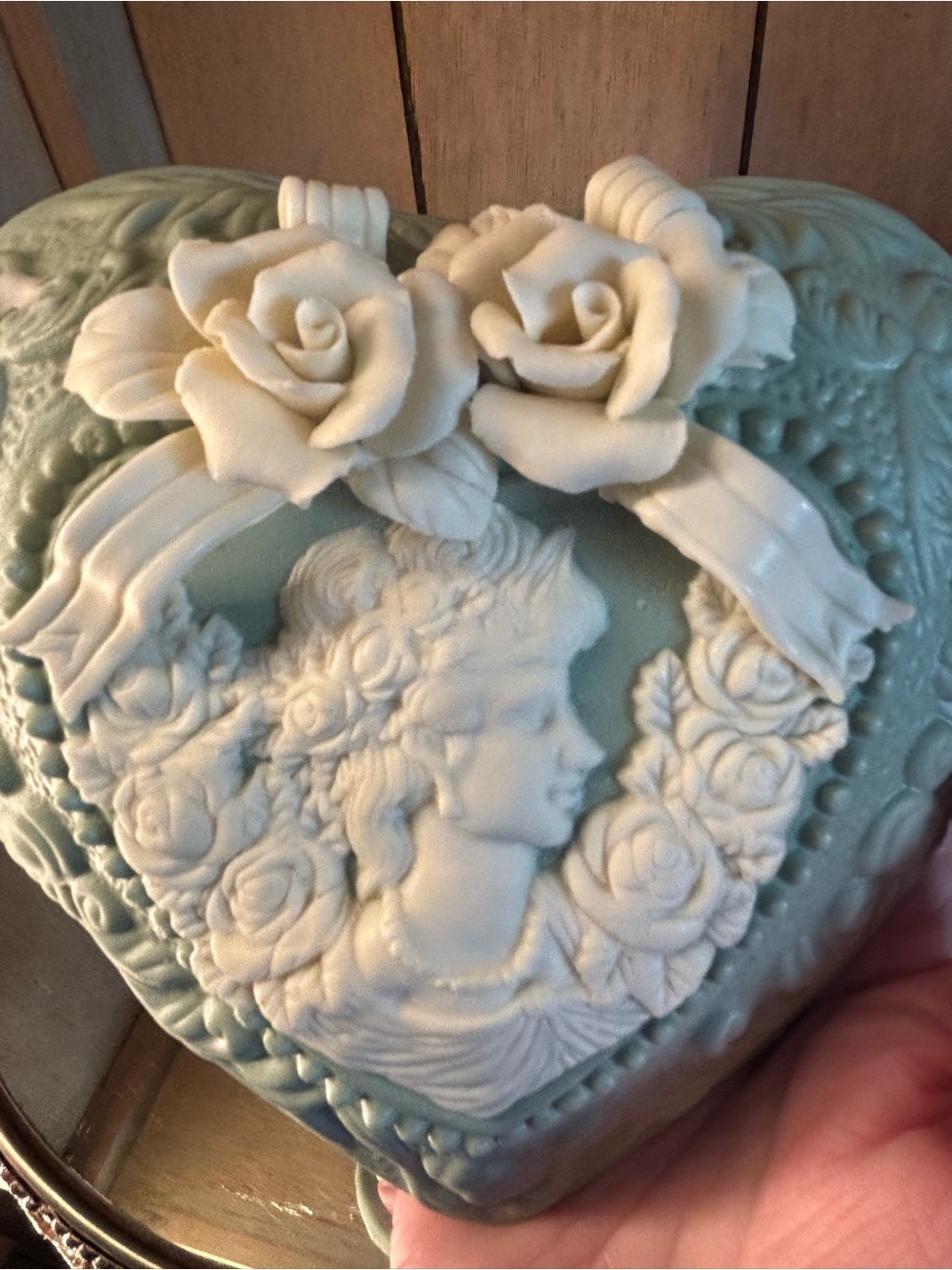 Heart-Shaped Decorative Trinket Box with Cameo Detail - Pale Aqua - Picture 9 of 16